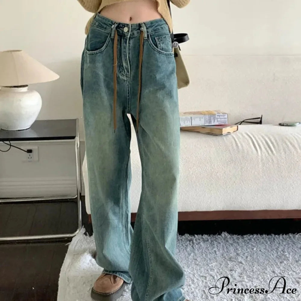 Harajuku Trend Japanese Style High-Waisted Straight New Autumn Leg Fashion Jean BLUE / S