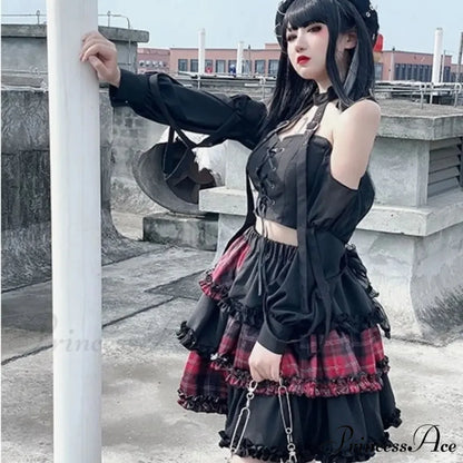 Harajuku Two-dimensional Dark Petticoat Cosplay Red Plaid Stitching High Waist A-line Spice Girl Rock Skirt RED / One