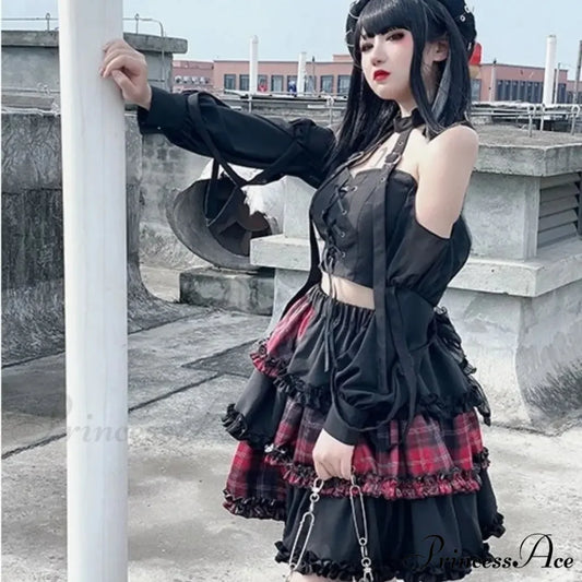Harajuku Two-dimensional Dark Petticoat Cosplay Red Plaid Stitching High Waist A-line Spice Girl Rock Skirt RED / One