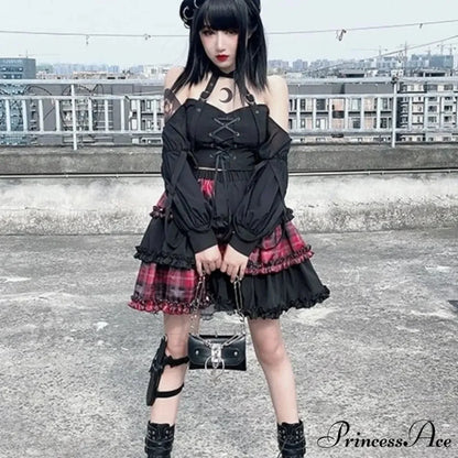 Harajuku Two-dimensional Dark Petticoat Cosplay Red Plaid Stitching High Waist A-line Spice Girl Rock Skirt RED / One
