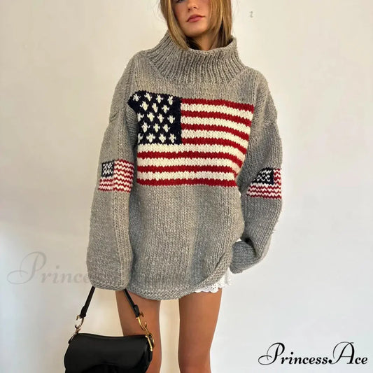 Harajuku Vintage US Flag Tall Neck Sweater GRAY / M swraters-241228