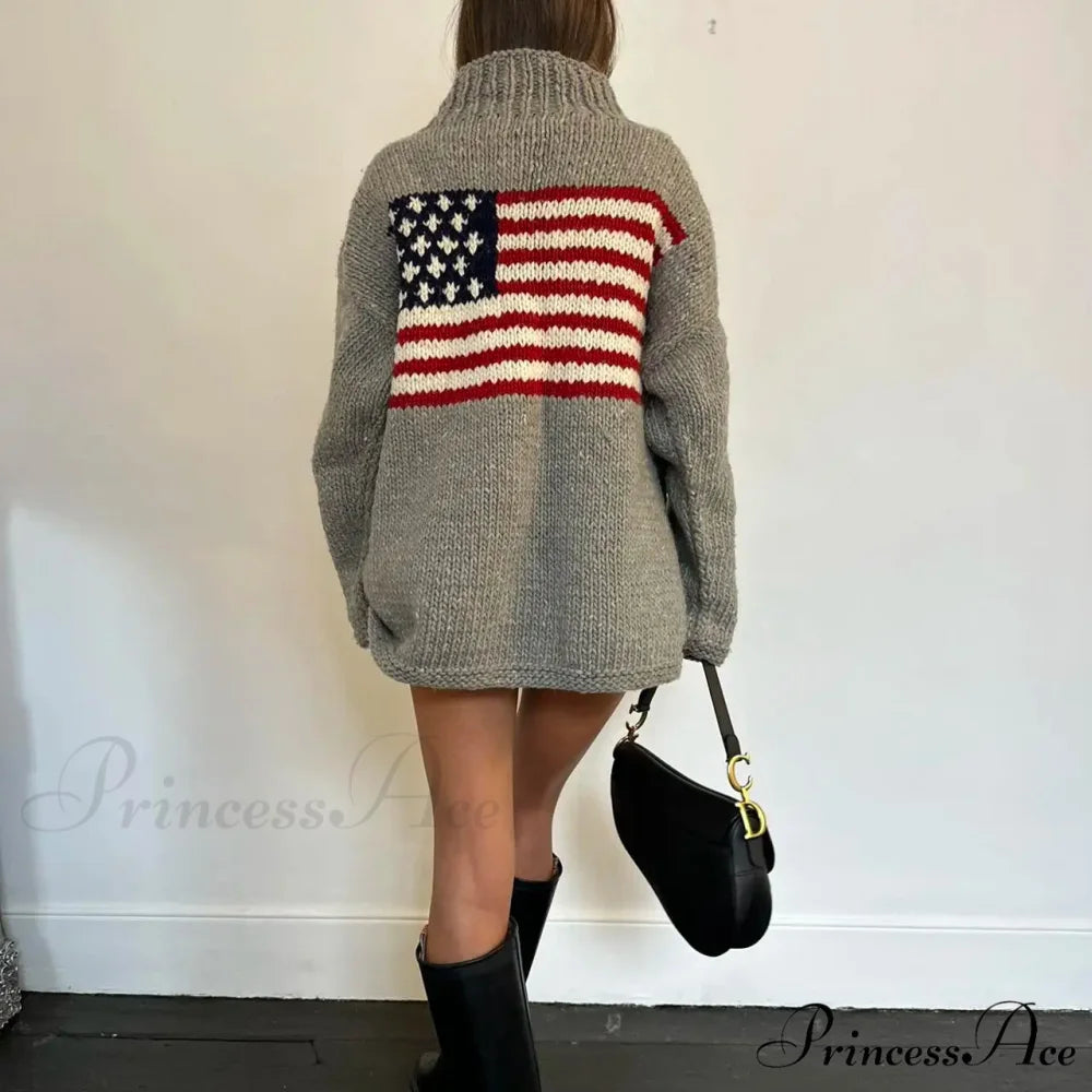 Harajuku Vintage US Flag Tall Neck Sweater swraters-241228