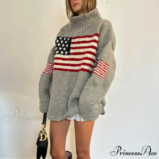 Harajuku Vintage US Flag Tall Neck Sweater swraters-241228