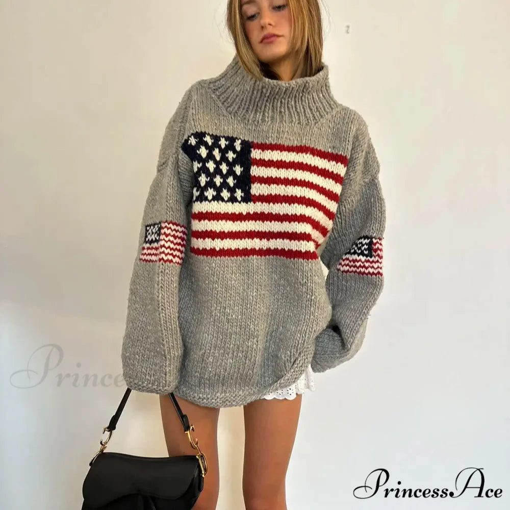 Harajuku Vintage US Flag Tall Neck Sweater swraters-241228