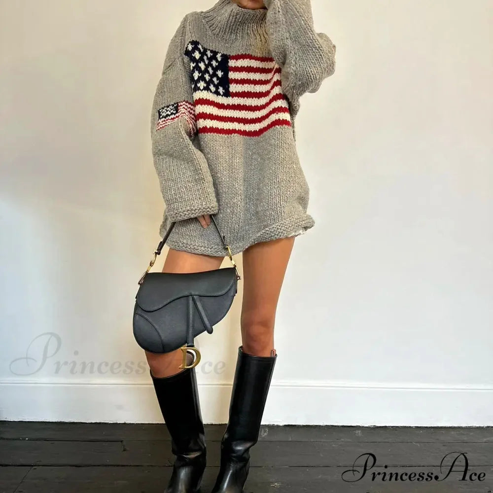 Harajuku Vintage US Flag Tall Neck Sweater swraters-241228