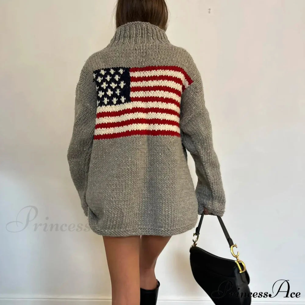 Harajuku Vintage US Flag Tall Neck Sweater swraters-241228