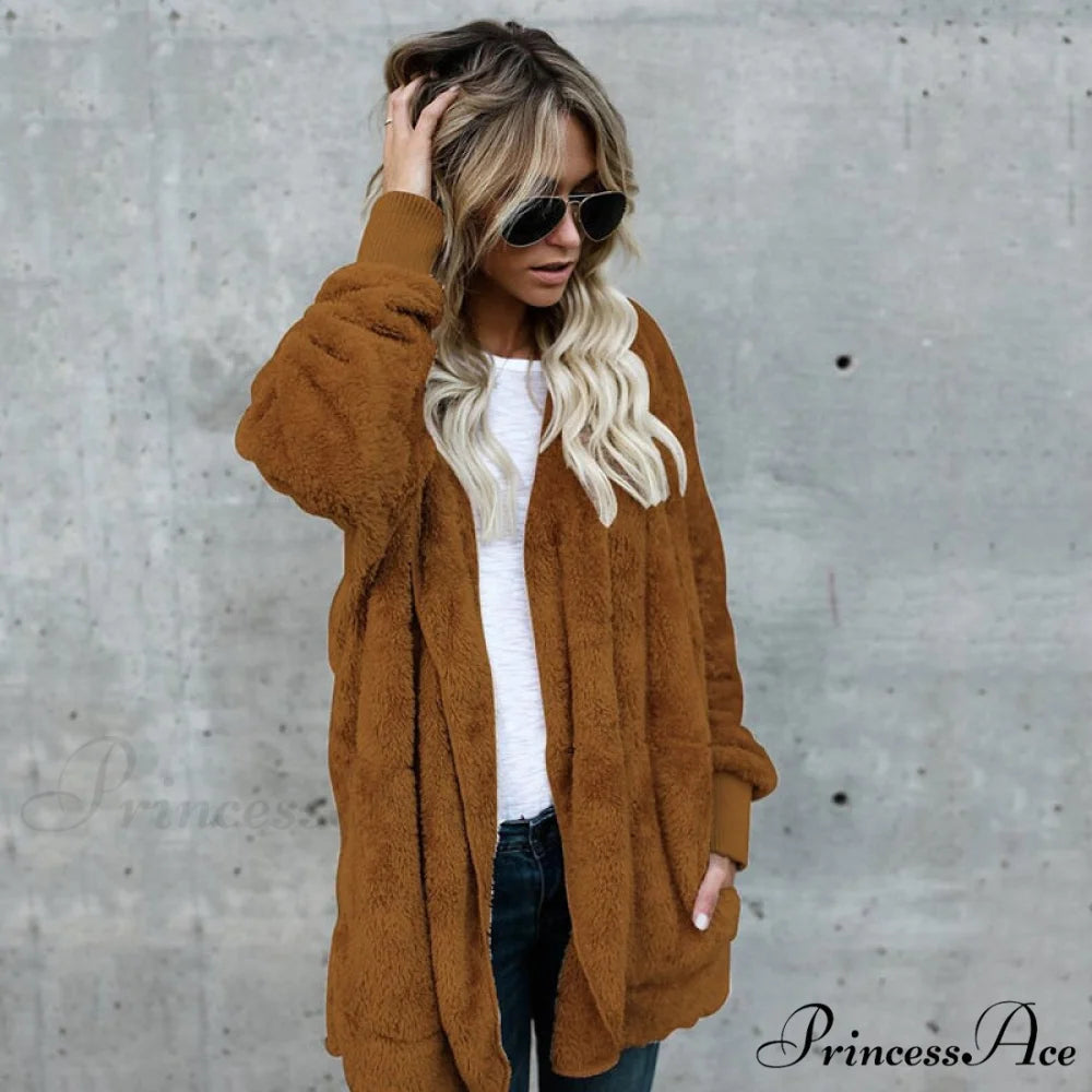 Harajuku Women Loose Long Cardigan Ladies Warm Coat Outwear dark yellow / S