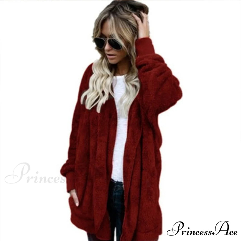 Harajuku Women Loose Long Cardigan Ladies Warm Coat Outwear wine red / S