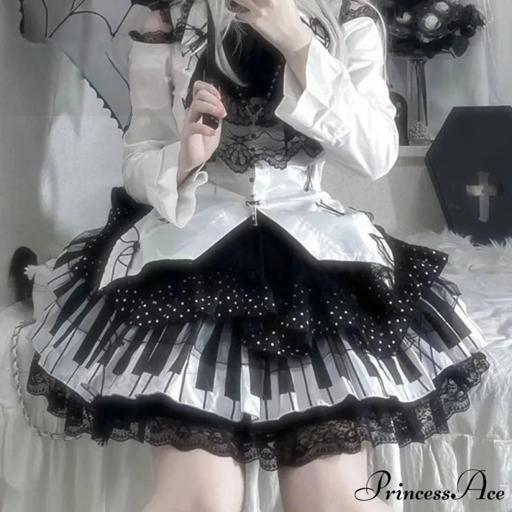 Harajuku Y2k Piano Key Wave Dot Lace Japanese Gothic Lolita Kawaii Cake Fairy Grunge Y2k Skirt waist 60-80cm