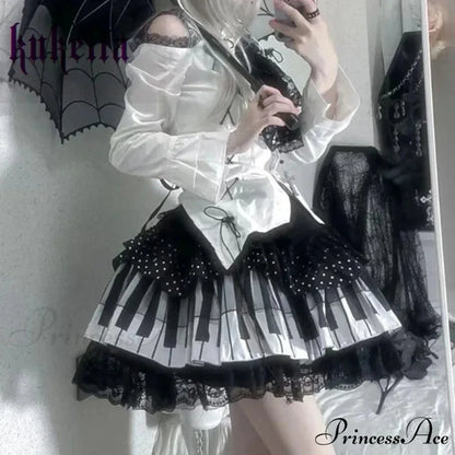 Harajuku Y2k Piano Key Wave Dot Lace Japanese Gothic Lolita Kawaii Cake Fairy Grunge Y2k Skirt waist 60-80cm