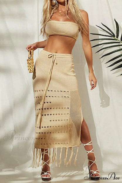 Hazel Crochet Top Charming + Skirt Set M / Beige