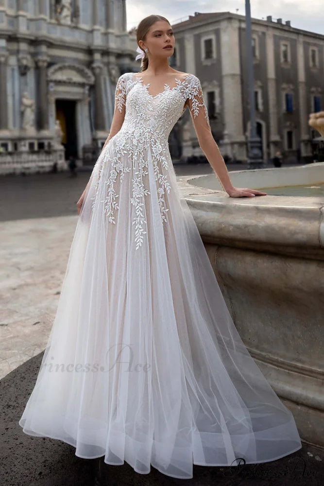 Hearst Lace Applique Trendy A-Line Tulle Wedding Dress Ivory / 2