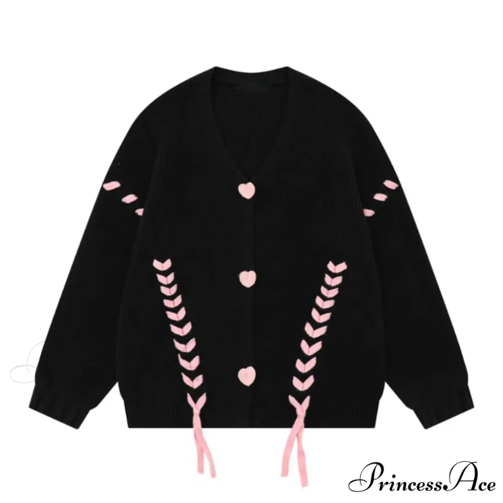 Heart Buttons Ribbion Charming Lace Up Cardigan black / S