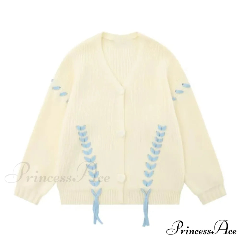 Heart Buttons Ribbion Charming Lace Up Cardigan WHITE / S