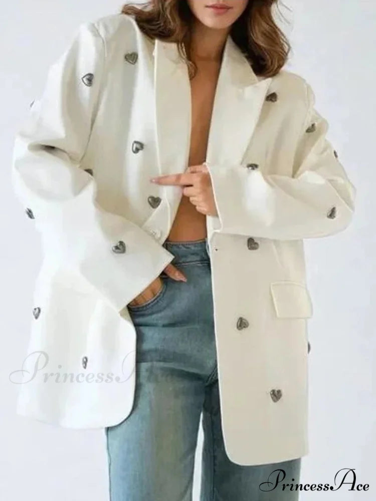 Heart Decoration Blazer Coat WHITE / S