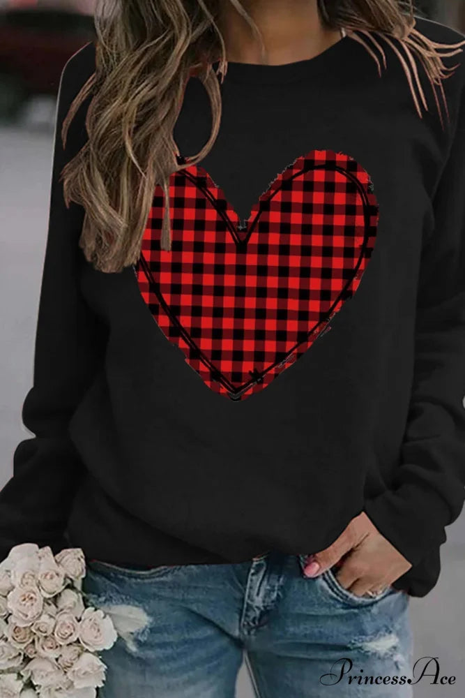 Heart Graphic Plaid Sweatshirt Black / S