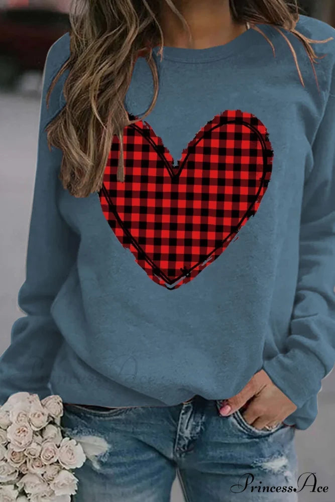 Heart Graphic Plaid Sweatshirt Blue / S