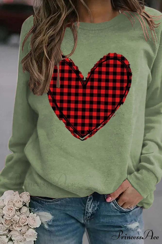 Heart Graphic Plaid Sweatshirt Green / S