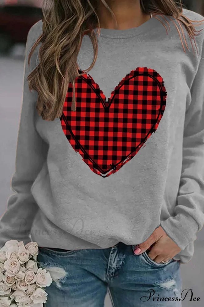 Heart Graphic Plaid Sweatshirt Grey / S