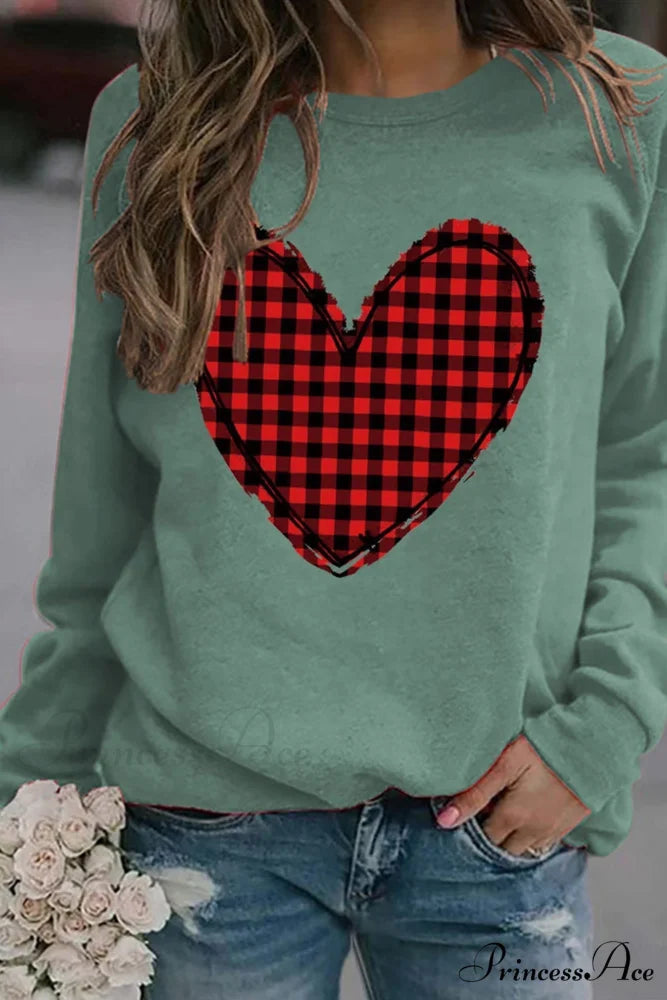 Heart Graphic Plaid Sweatshirt Light Green / S