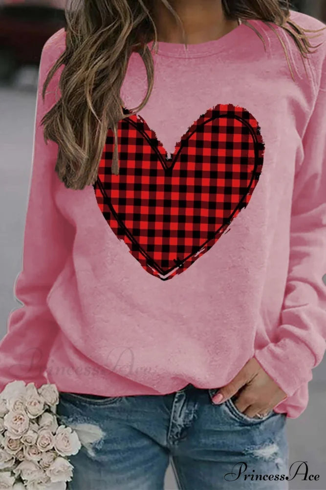 Heart Graphic Plaid Sweatshirt Pink / S