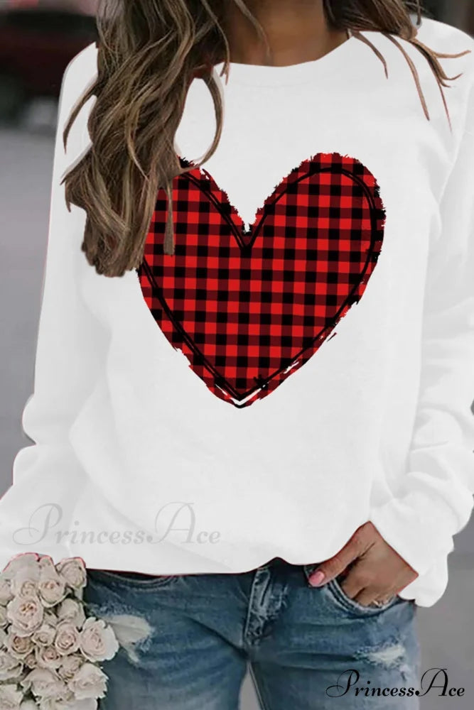 Heart Graphic Plaid Sweatshirt White / S
