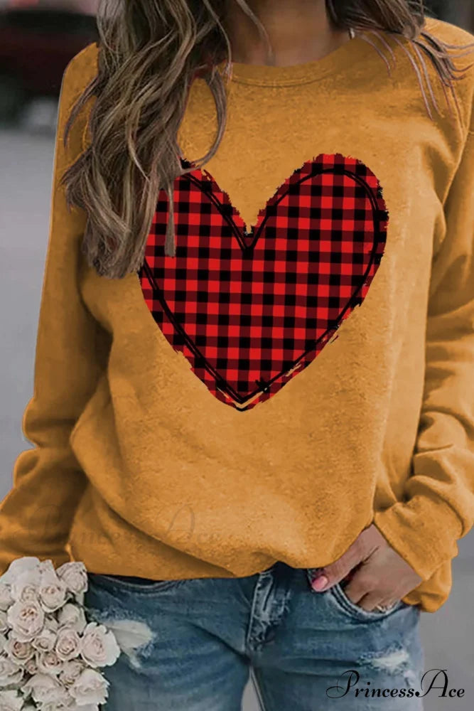 Heart Graphic Plaid Sweatshirt Yellow / S