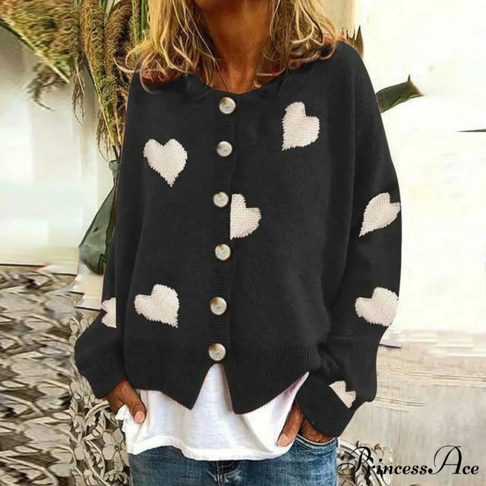 Heart Knitted Cardigan with Print Black / S