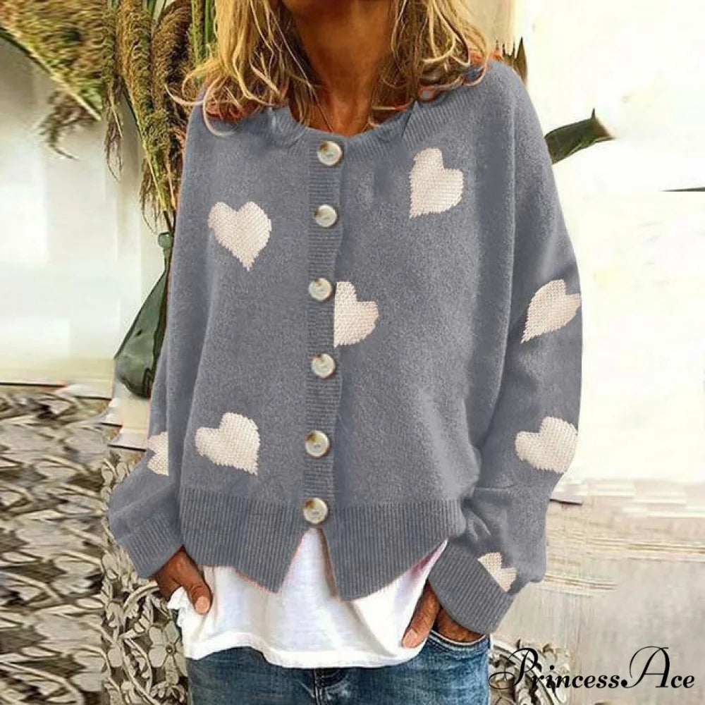 Heart Knitted Cardigan with Print Gray / S