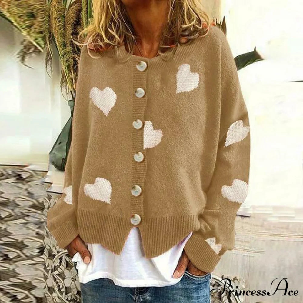 Heart Knitted Cardigan with Print Khaki / S