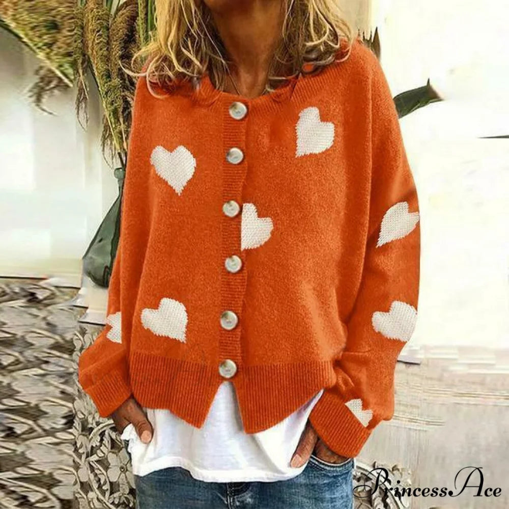 Heart Knitted Cardigan with Print Orange / S
