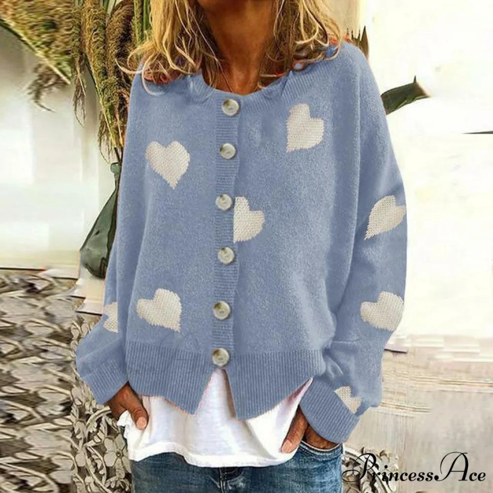 Heart Knitted Cardigan with Print Sky Blue / S