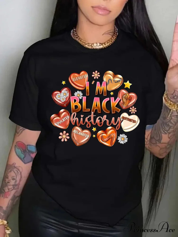 Heart & Letter Print Crew Neck Short Sleeve Top For Spring & Summer Women’s Clothing T-shirt BLACK / S