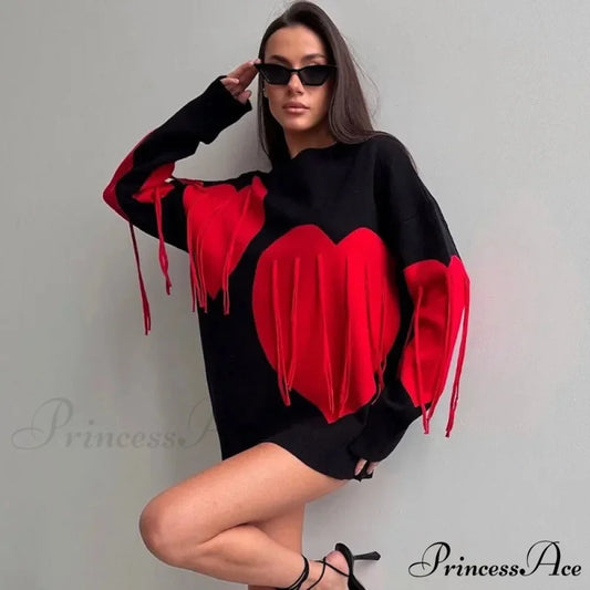 Heart Pattern Round Neck Long Sleeve Sweater Black / S swraters-241228