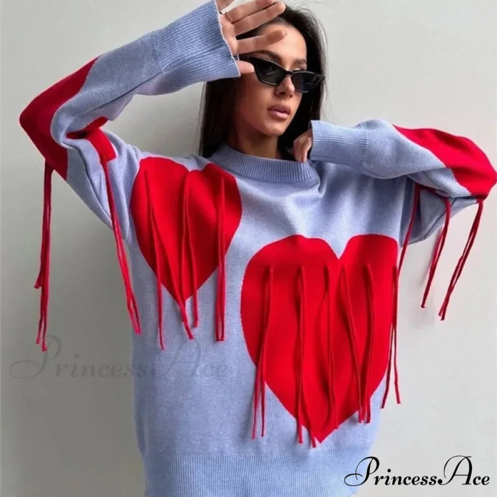 Heart Pattern Round Neck Long Sleeve Sweater Blue / S swraters-241228