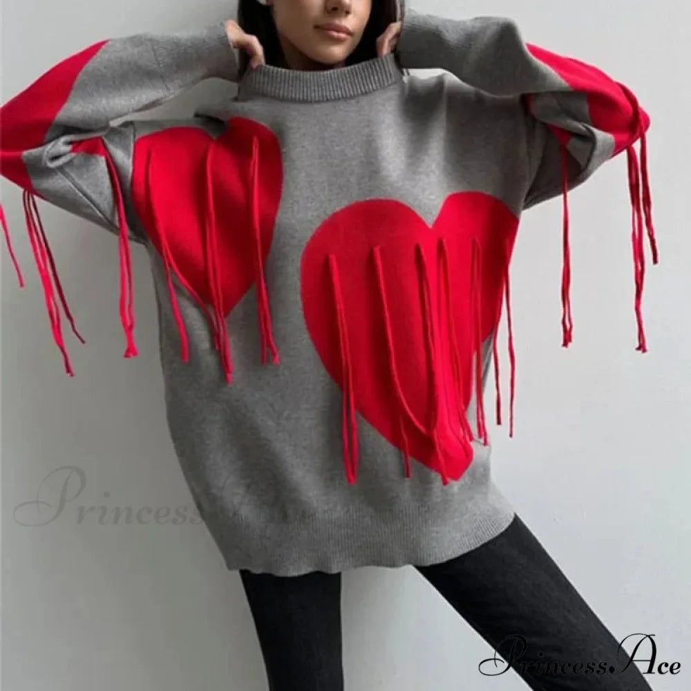 Heart Pattern Round Neck Long Sleeve Sweater Gray / S swraters-241228