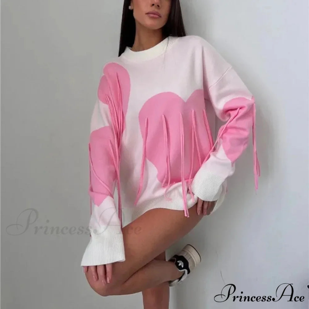 Heart Pattern Round Neck Long Sleeve Sweater Pink / S swraters-241228