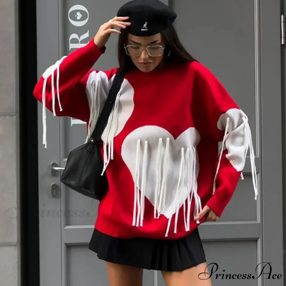 Heart Pattern Round Neck Long Sleeve Sweater Red / S swraters-241228