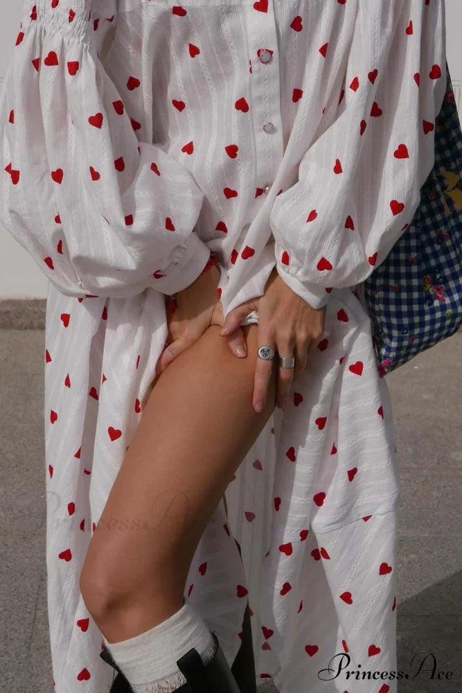 Heart Print Puff Sleeve Cotton Dress