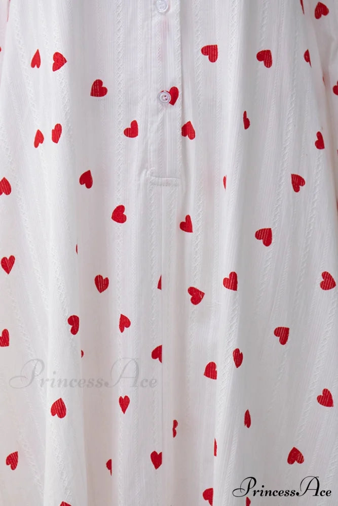 Heart Print Puff Sleeve Cotton Dress