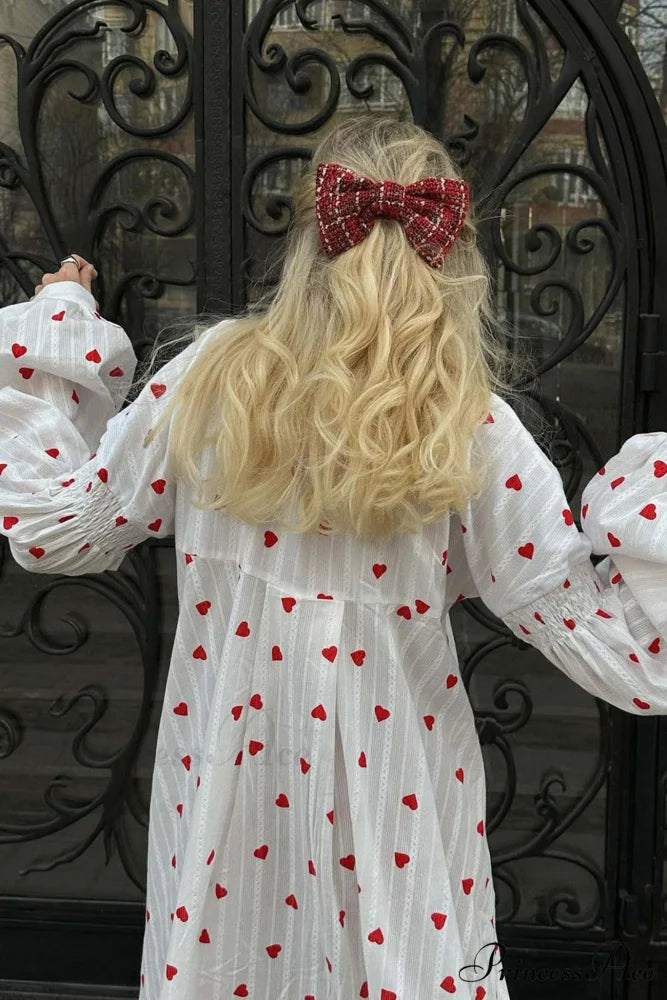 Heart Print Puff Sleeve Cotton Dress White / L