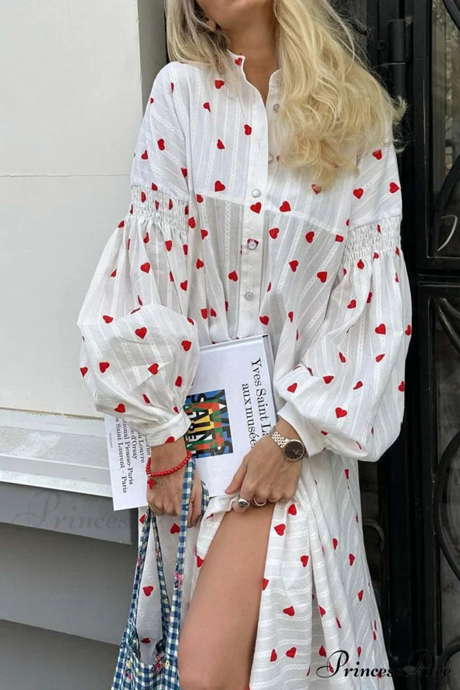 Heart Print Puff Sleeve Cotton Dress White / S