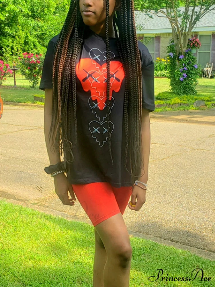 Heart Print Raglan Trendy Short Sleeve Tee