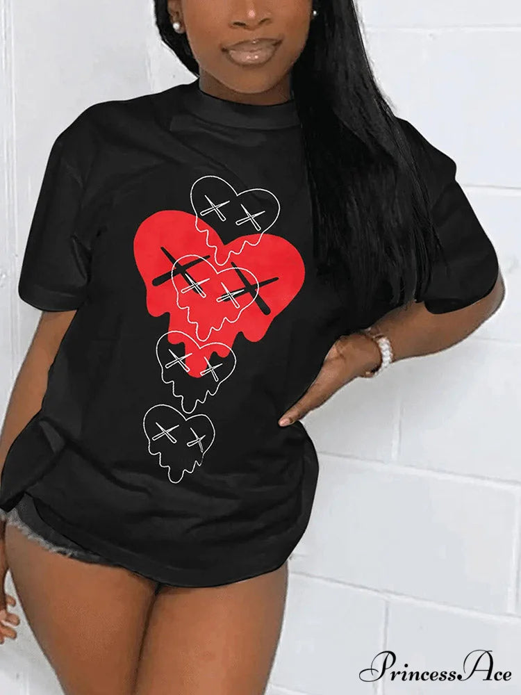 Heart Print Raglan Trendy Short Sleeve Tee Black / S