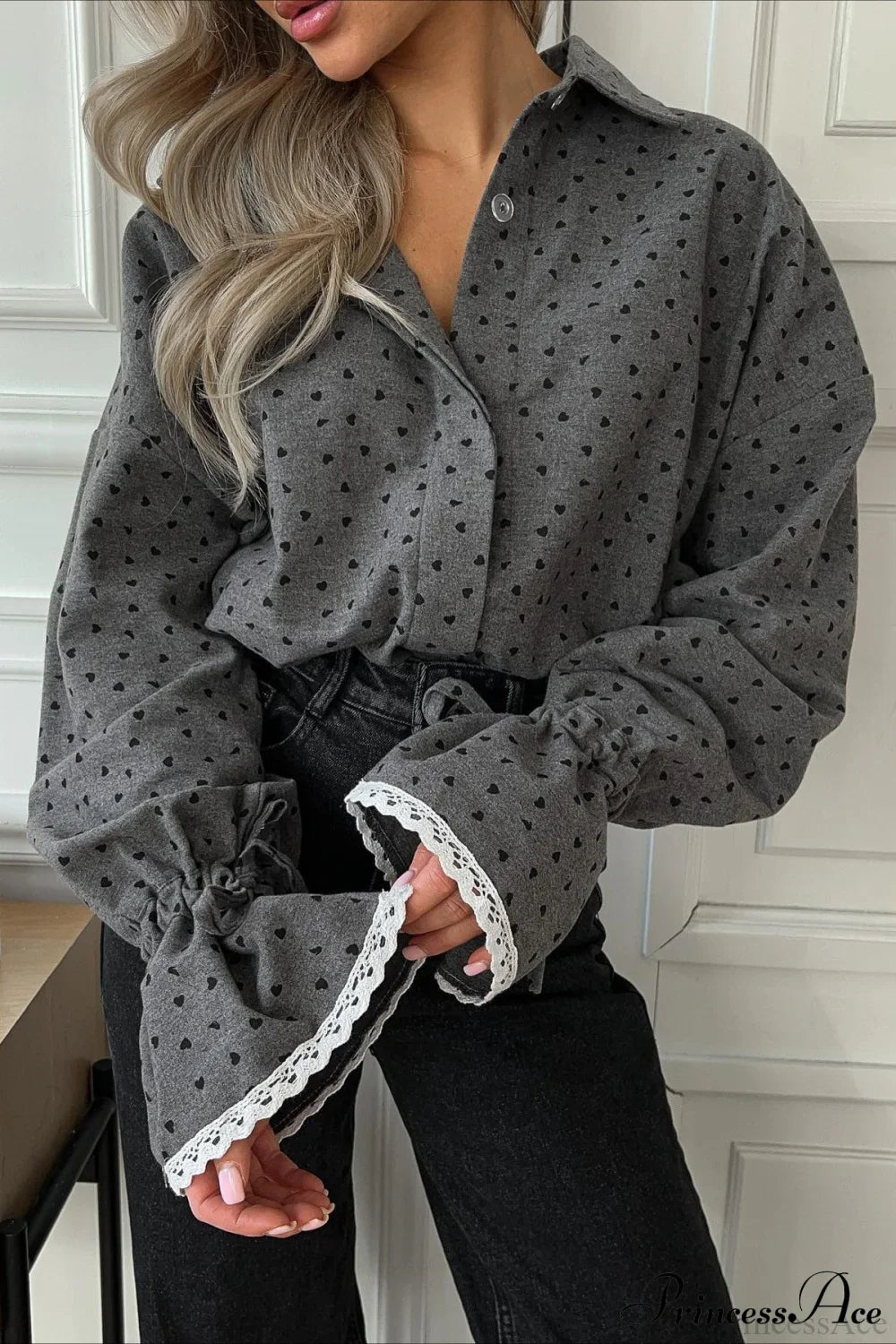 Heart-Print Single-Button Shirt Cardigan Blouse Grey / S