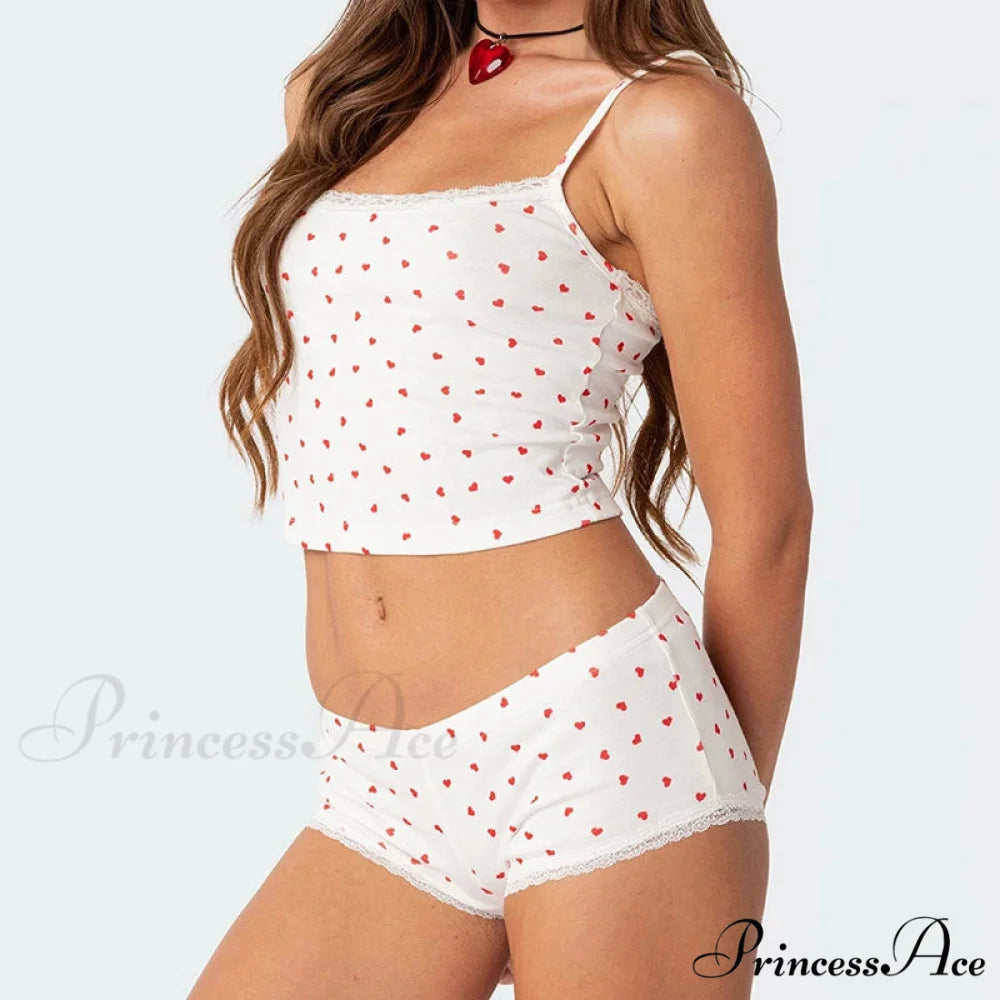 Heart Printed Cute Lace Trim Camis Micro Shorts Two Pieces Set twopiecesset-250126