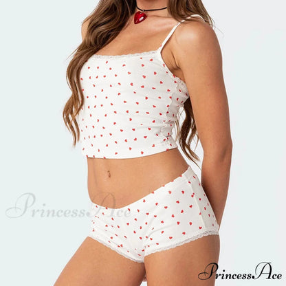 Heart Printed Cute Lace Trim Camis Micro Shorts Two Pieces Set twopiecesset-250126