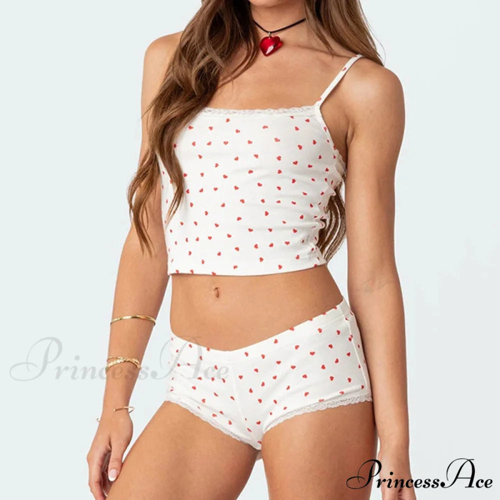 Heart Printed Cute Lace Trim Camis Micro Shorts Two Pieces Set twopiecesset-250126