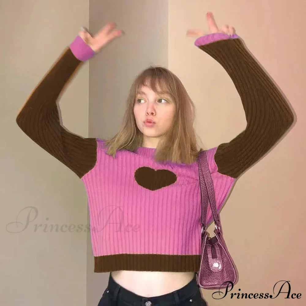 Heart Shape Long Charming Sleeve Knitted Top Dark brown / S
