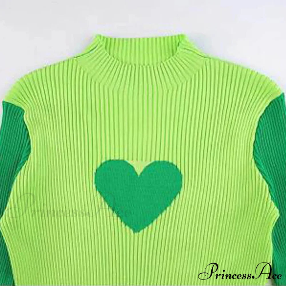 Heart Shape Long Charming Sleeve Knitted Top Green / S